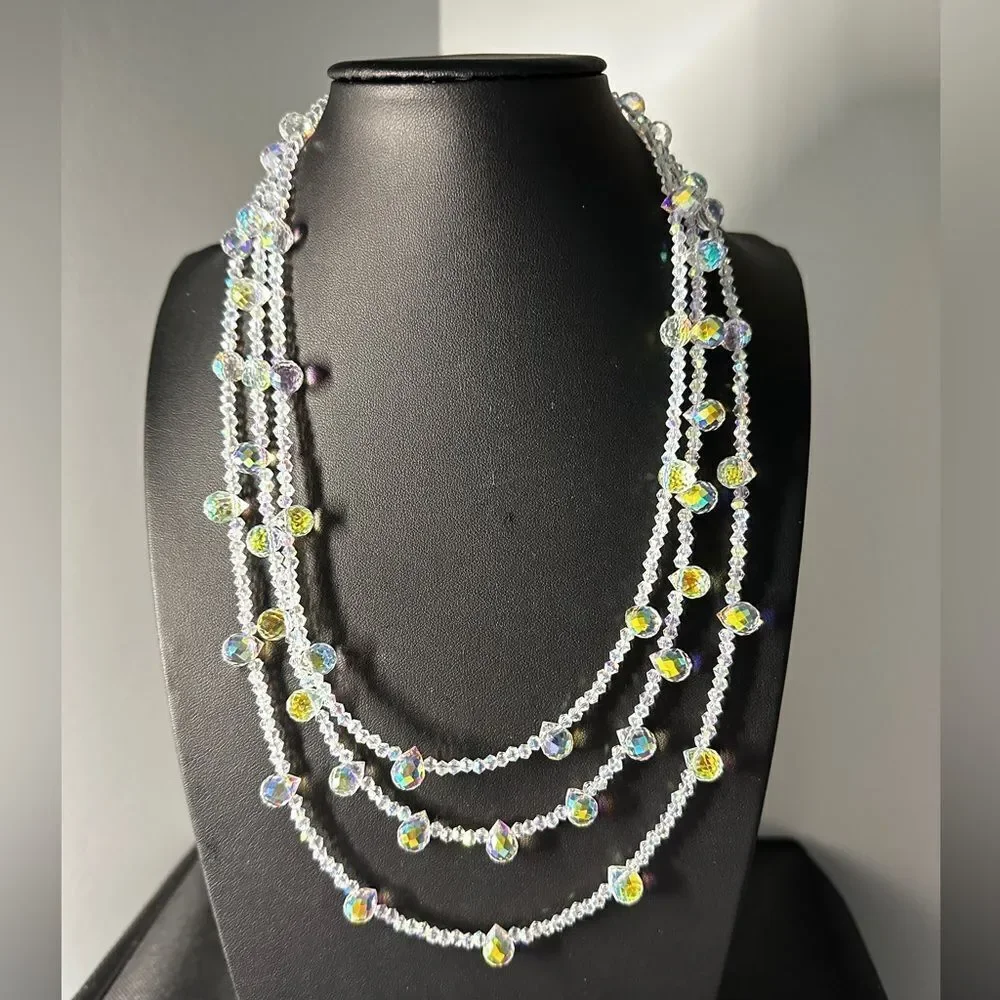 Three strands faceted glass, Aurora Borealis beaded necklace with s925 hardware!